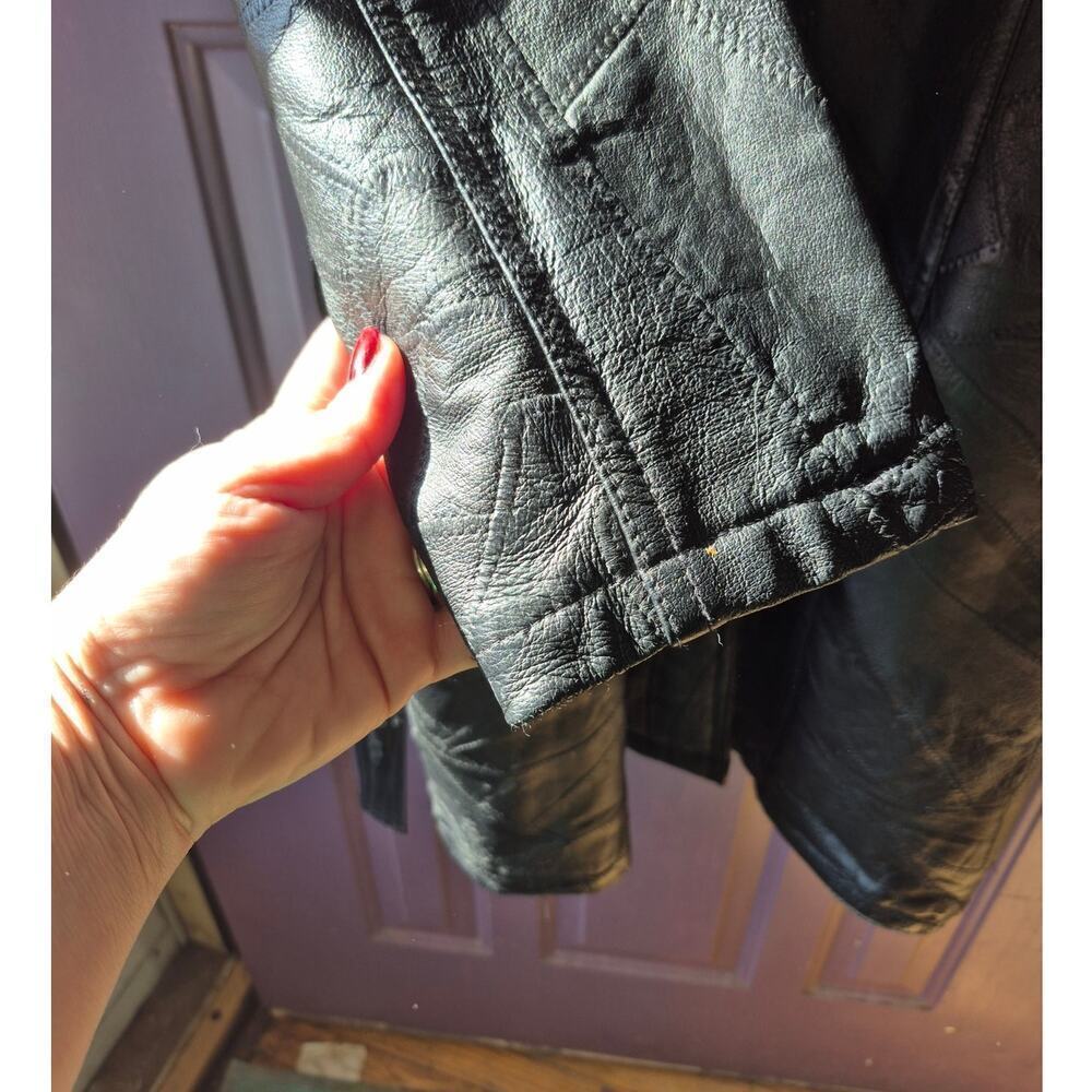 Vintage patch work 1980s black leather trench coat womens size large with belt - Picture 3 of 6